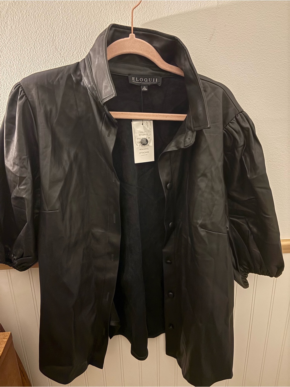 NWT ELOQUII Black Faux Leather Puff Sleeve Blouse Size 14